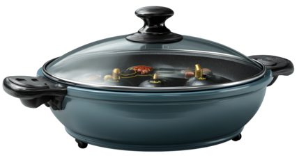 Electric wok with glass lid and variable heat control ? excellent asset for kitchen tutorials and branding