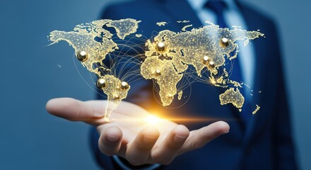 Global Business Network: Businessman Holding Digital World Map Highlighting International Connections and Partnerships