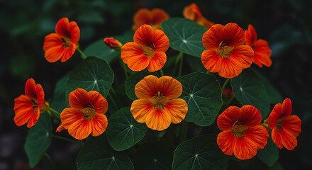 Scenic view of a high-angle view of the garden nasturtium flower plant with green leaves