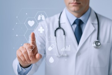 Doctor Utilizing Futuristic Technology Interface Displaying Health Icons and Medical Data for Enhanced Patient Care Solutions