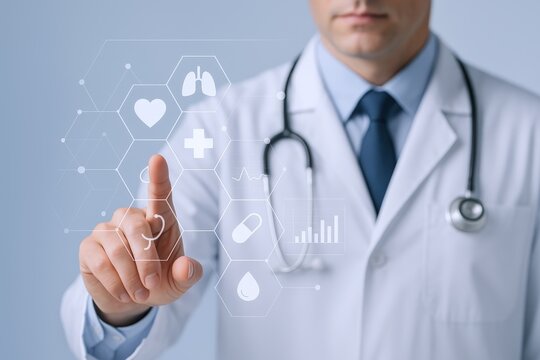 Doctor Utilizing Futuristic Technology Interface Displaying Health Icons and Medical Data for Enhanced Patient Care Solutions