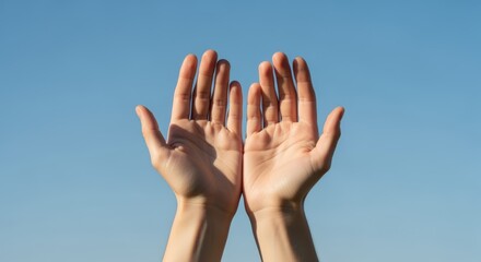 Open Hands Reach Upwards Against a Clear Blue Sky, Symbolizing Hope, Spirituality, and Connection