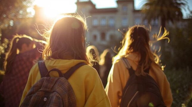Autumn college students walking on campus at sunset, diverse young people with backpacks enjoying golden hour, cinematic back to school university lifestyle, warm fall season outdoor atmosphere
