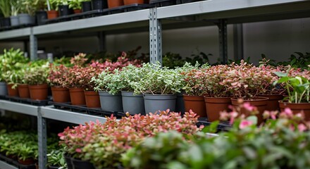 Beautiful capture of a selective focus shot of shelves with potted garden plants