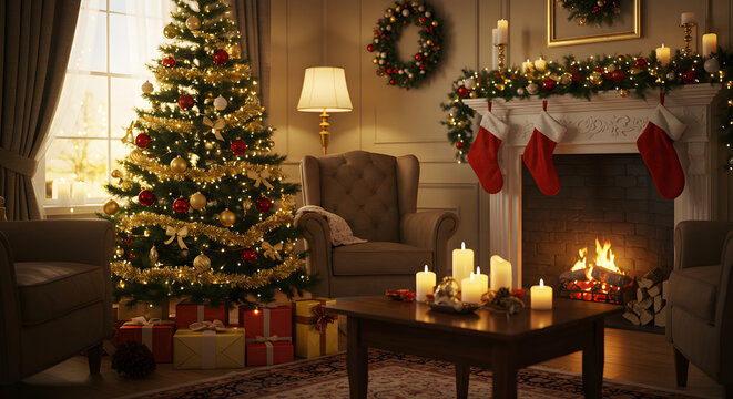 Christmas vibe with tree, snow, lighting