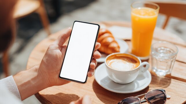 Mobile Phone Mockup at Breakfast Table with Croissant, Coffee and Juice for App Promotion