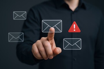 Email Security Concept: Man Interacting with Digital Mail Icons, Includes Warning Alert