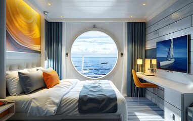 Modern cruise ship cabin with ocean view, featuring stylish decor and serene atmosphere