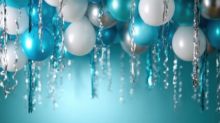 An array of vibrant blue and silver balloons adorned with shimmering streamers creates a festive atmosphere, perfect for celebrations and joyous occasions.
