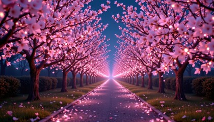 Pathway lined with luminous digital cherry blossom trees, petals dissolving into streams of light