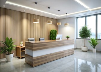 Modern reception desk with natural wood accents and ambient lighting in a bright office