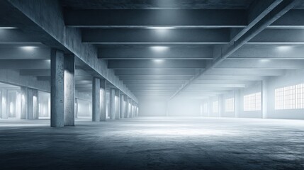 Expansive Concrete Interior with Columns and Natural Light, Ideal for Warehouses or Industrial Spaces