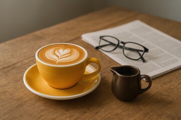 Aromatic Cappuccino with Art, Newspaper and Reading Glasses on Wooden Tabletop for Cozy Morning
