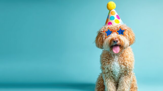 Playful Poodle Celebrating Birthday in Party Hat and Star Glasses Against Blue Background