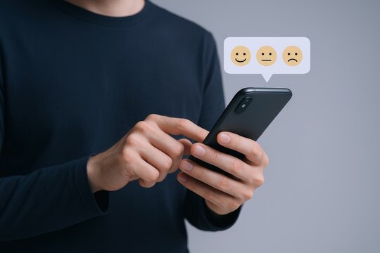 Customer Feedback Survey on Smartphone: Man Selecting Emoji Scale for Online Review and Rating