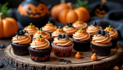 A Halloween themed cupcake display with orange and black frosting, tiny fondant pumpkins