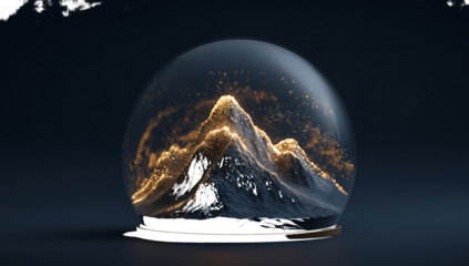 Ethereal Mountain Range Glows Within Transparent Snow Globe on Dark Background glowing light