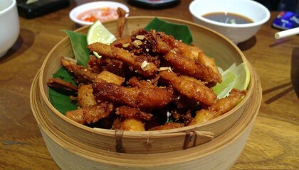 Delicious fried chicken wings served with sauce in a bowl 