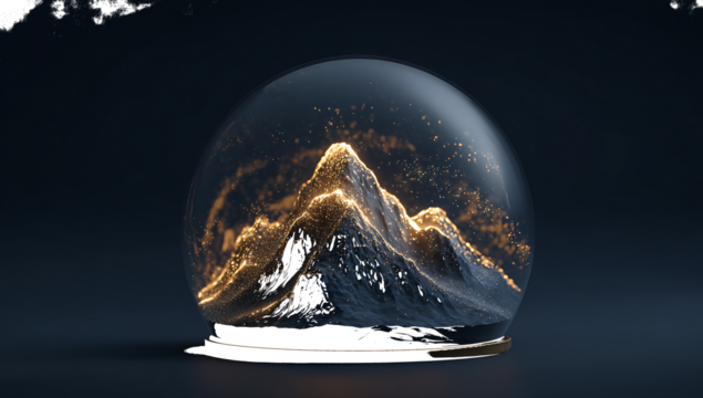 Ethereal Mountain Range Glows Within Transparent Snow Globe on Dark Background glowing light