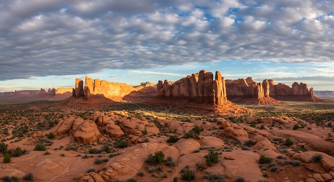 Red rock formations in Utah against a blue cloudy sky on a sunny day in vivid detail