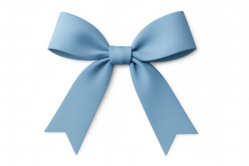 Pale blue decorative bow floating against white, representing party decor and celebratory wrapping