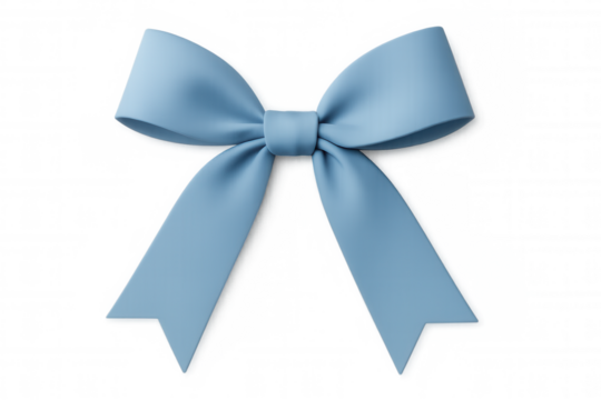 Pale blue decorative bow floating against white, representing party decor and celebratory wrapping