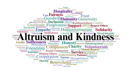 Altruism And Kindness Word Cloud. Keywords About Generosity, Empathy, And Support