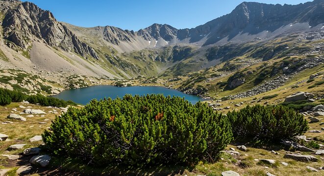 Scenic view of mountain landscape with lakes and peaks in gerber valley, in aiguestortes and estany de sant maurici national park. hiking in the pyrenees.