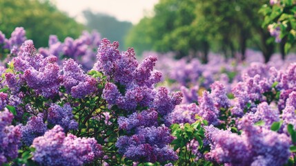 Fototapeta premium Abundant Purple Lilac Blossoms in a Lush Green Garden on a Sunny Spring Day