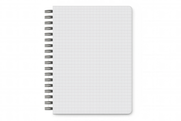 Closed vertical squared notebook with metal spiral binder isolated on transparent background, template for your design