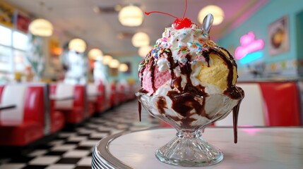 Sundae Delight: A vibrant ice cream sundae is placed on a diner countertop, showcasing its layers of delectable flavors, with the diner's retro ambiance creating a nostalgic and inviting scene.