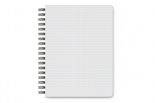 Closed vertical squared notebook with metal spiral binder isolated on transparent background, template for your design
