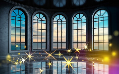 Five arched windows in dark stone wall reveal sunset sky with sparkling light effects interior architecture