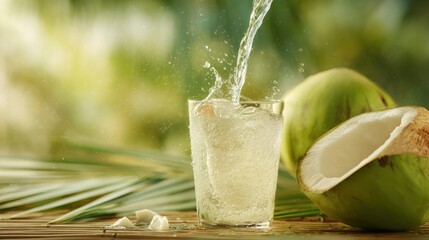 Tropical Refreshment: A captivating photograph of a glass being filled with refreshing coconut water from a fresh coconut, embodying the essence of a tropical paradise. A scene of pure refreshment.