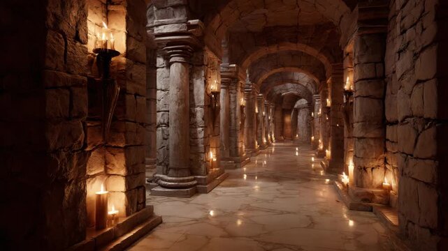 Ancient vaulted corridor in a medieval castle filled with a mysterious atmosphere and lit by candles.