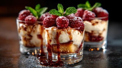 An exquisite close-up of decadent desserts topped with fresh raspberries and mint, showcasing culinary artistry in an inviting presentation that stimulates the senses.