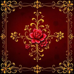 Elegant Red Rose with Golden Ornate Frame on Deep Red Background