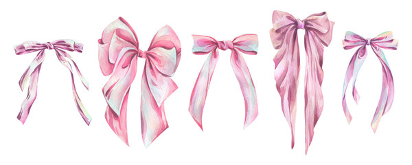 Delicate hand-drawn watercolor illustration of a collection of satin, silk and textile bows...