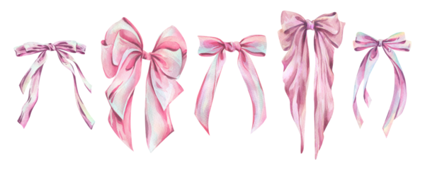 Delicate hand-drawn watercolor illustration of a collection of satin, silk and textile bows coquette with long flowing tails in pink tones, perfect for borders, frames and decorative elements.