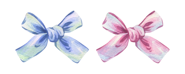 Little bows coquette simple, satin, silk, textile, blue, pink pastel shades. Watercolor illustration hand-drawn. Set of isolated elements. For feminine, male and festive decoration and design