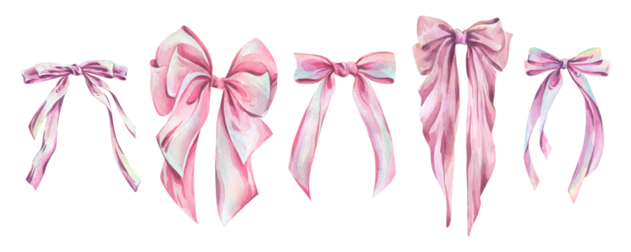 Delicate hand-drawn watercolor illustration of a collection of satin, silk and textile bows coquette with long flowing tails in pink tones, perfect for borders, frames and decorative elements. - Powered by Adobe