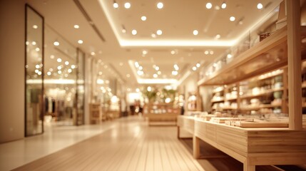 Fototapeta premium Blurred Retail Store Interior with Wooden Displays and Bright Lighting Showcasing a Variety of Merchandise