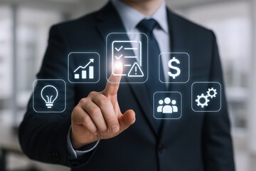 Businessman Touching Virtual Interface Icons Representing Business Growth, Risk Management, Teamwork, and Financial Success in Digital Environment
