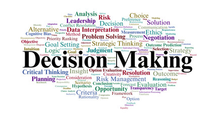 Decision Making Word Cloud. Judgment, Strategy, Risk, and Leadership Concepts.