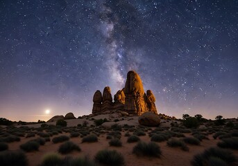 Milky Way over Rock Formations in Arches National Park, Utah, USA. Night Landscape.