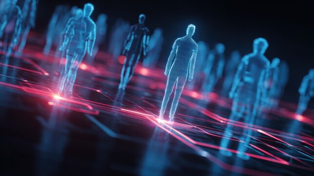 Abstract Digital Human Figures with Red Light Network, Concept for AI, Big Data and Metaverse - Powered by Adobe