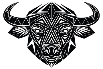 Geometric bull head creates a striking tribal design with contrasting black and white shapes