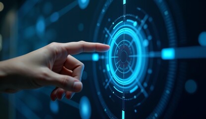 Hand interacting with a futuristic digital interface displaying concentric circles and data points.