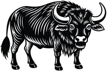Black and white stylized ox with flowing stripes confidently stands isolated on a white backdrop