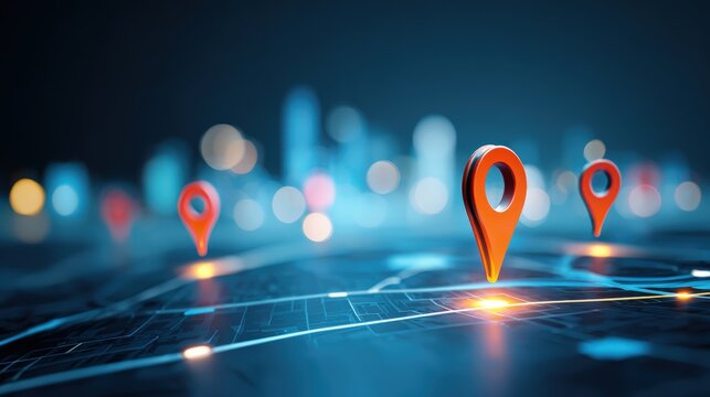 Navigation Concept: Vibrant Orange Map Markers Pinpointing Locations on a Stylized Cityscape Map
